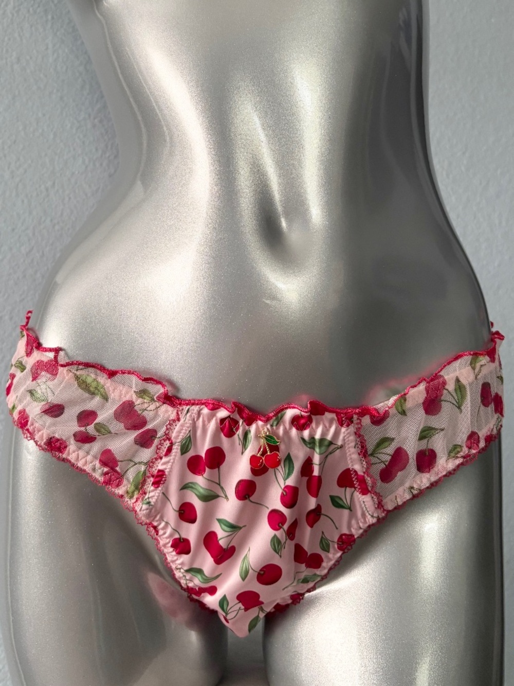 For Love & Lemons Bikini Panty Ruffle Pink Satin Cherry Print Nwt